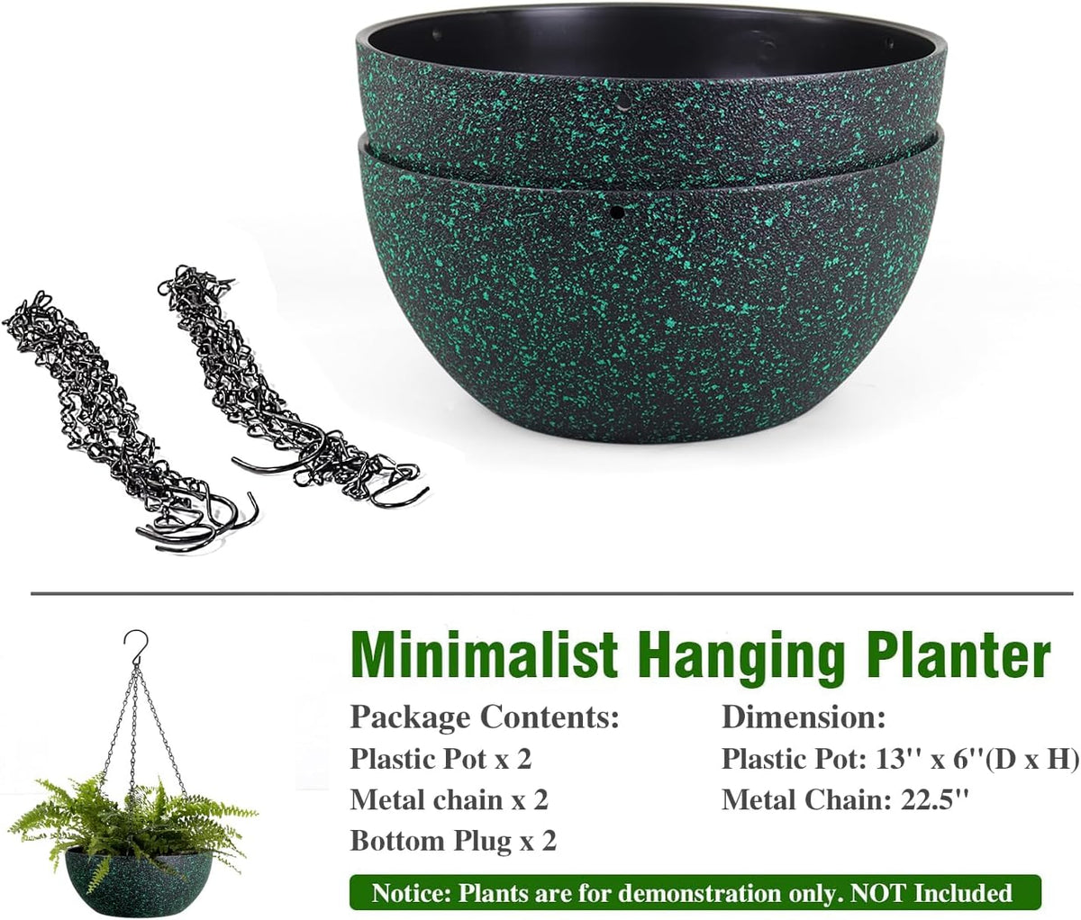 13inch Large Hanging Planters Pots for Outdoor Indoor Plants with Drainage Holes and Chain, 2pack