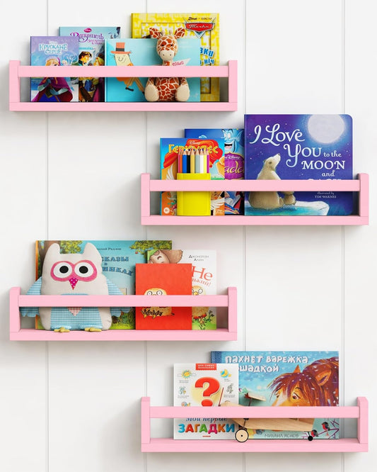 Forbena Pink Floating Shelves for Wall, Aesthetic Wall Bookshelf for Girls Room Decor, Wood Nursery