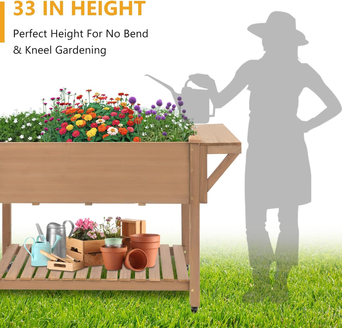 Raised Garden Bed with Lockable Wheels Mobile Elevated Wood Planter,Storage Shelf, Protective