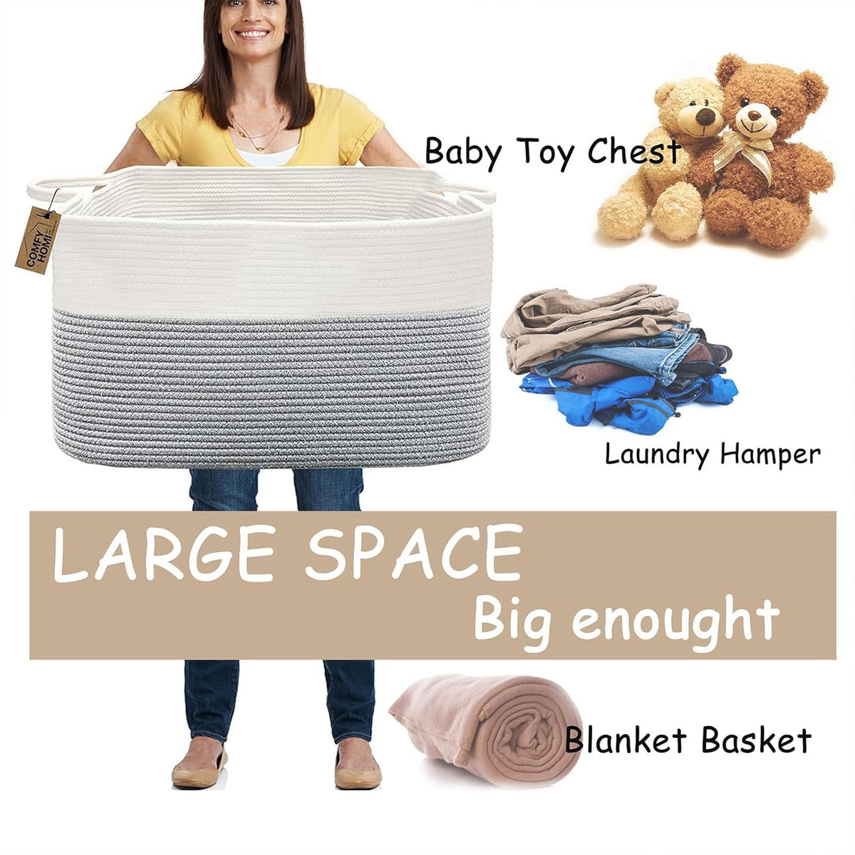 COMFY-HOMI Large Rectangle Laundry Storage Basket | Cotton Rope Woven, Organizing with Handle |