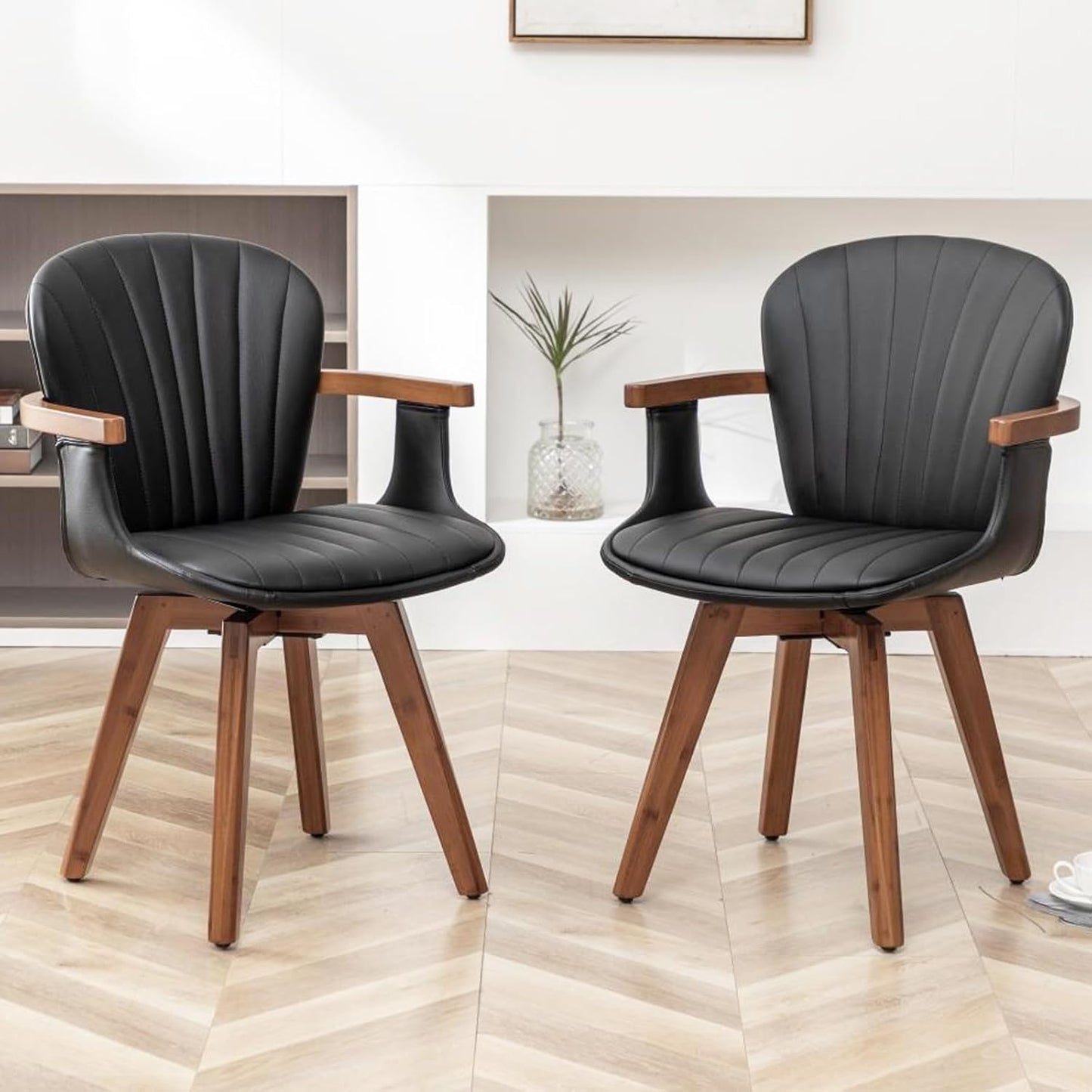 LUNLING Swivel Dining Chairs Set of 4, Mid Century Modern Black Faux Leather Kitchen Chairs with