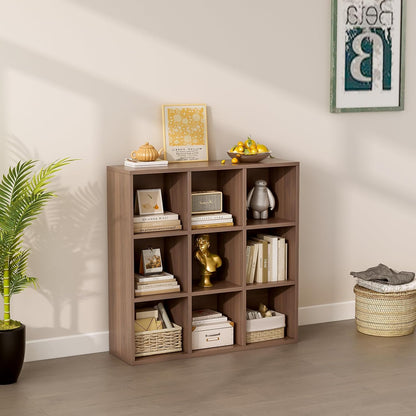 9-Cube Storage Shelf Bookcase - Wooden 3-Tier Floor Standing Open Bookshelf for Home and Office
