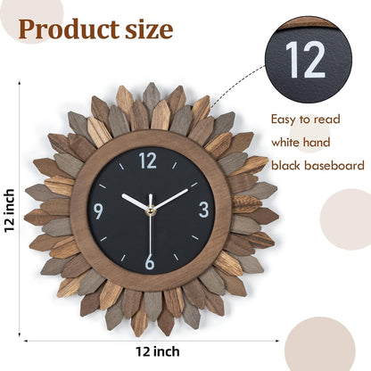 Honiway Wall Clock Battery Operated 12 in Rustic Wood Boho Sunburst Decorative Wall Clock Silent