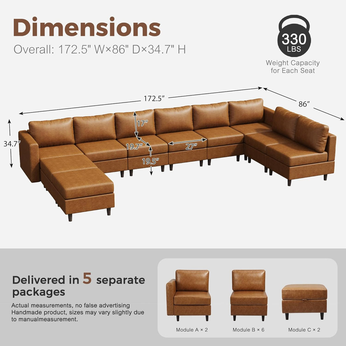 Oversized 172.5" Faux Leather Modular Sectional Sofa, Modern Large 10 Seater U Shaped Couch with