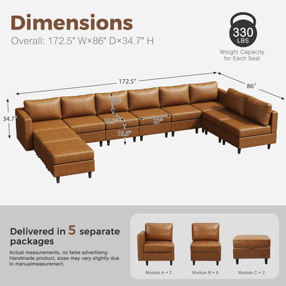 Oversized 172.5" Faux Leather Modular Sectional Sofa, Modern Large 10 Seater U Shaped Couch with