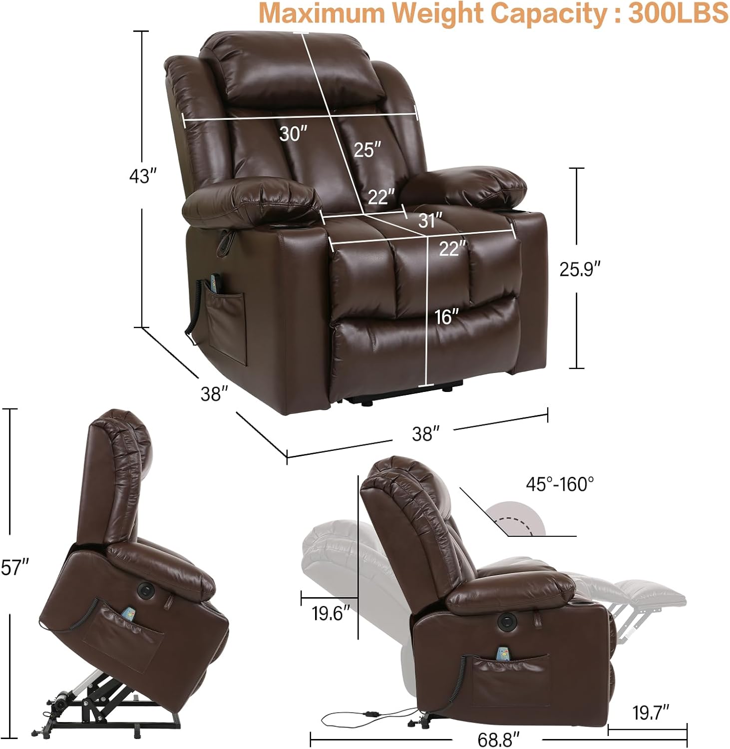 Power Lift Recliner Chair for Elderly Breathable Leather Recliner Chair with Massage and Heat for