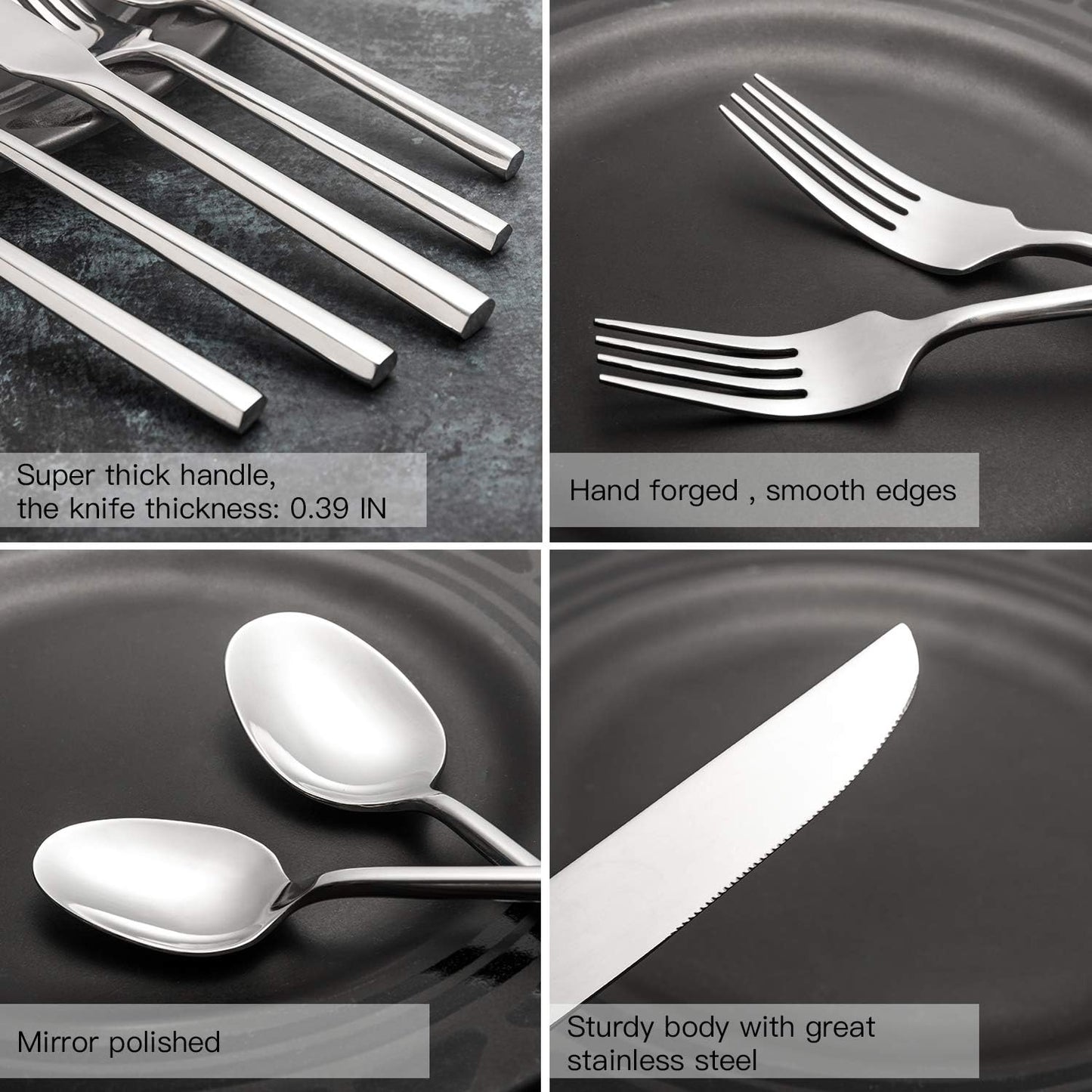 Hand Forged Stainless Steel Flatware Set Silverware Set Cutlery Set Hexagon Handle 5 Pieces Service