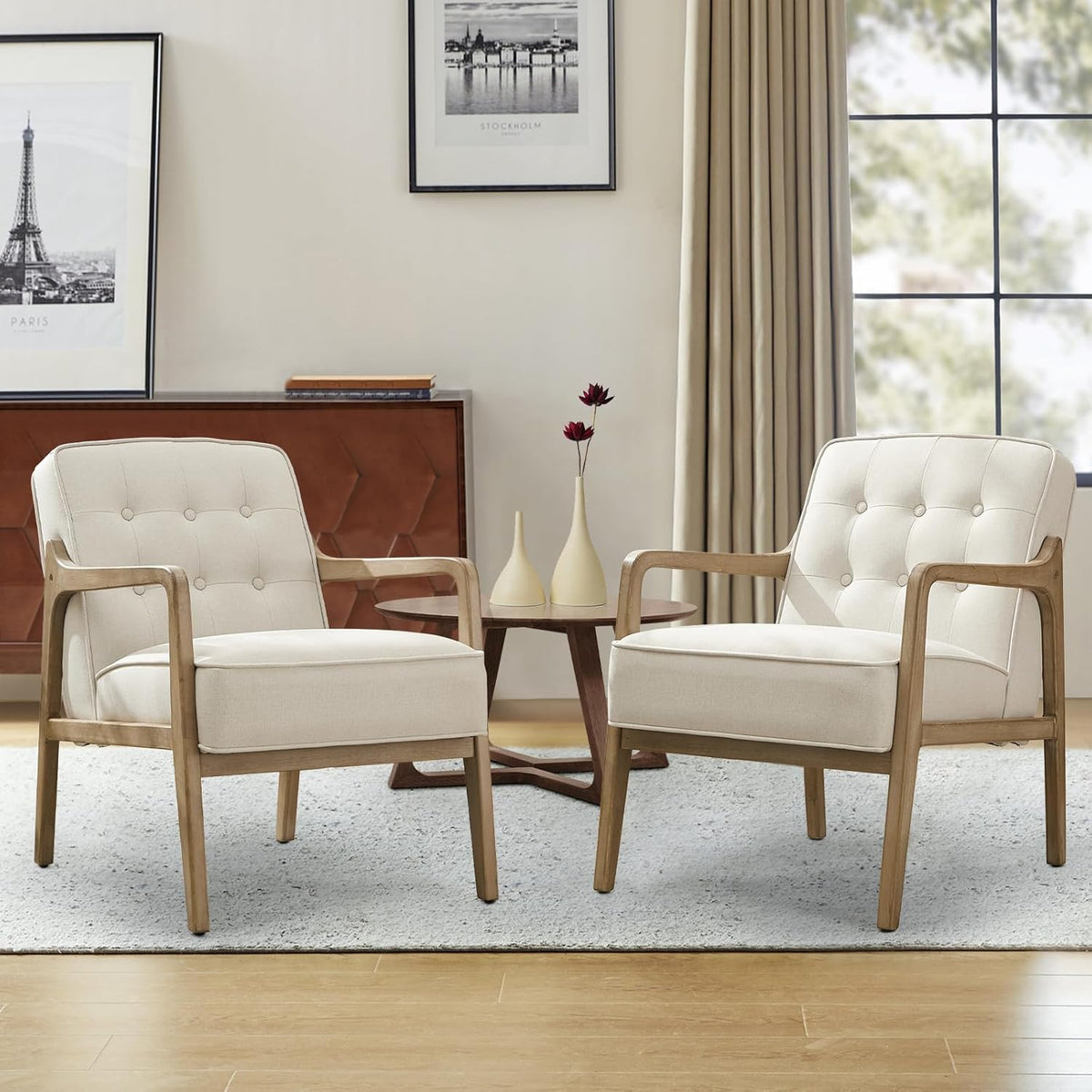 Linen Accent Chair Set of 2, Mid Century Modern Chair for Living Room, Upholstered Comfy Lounge