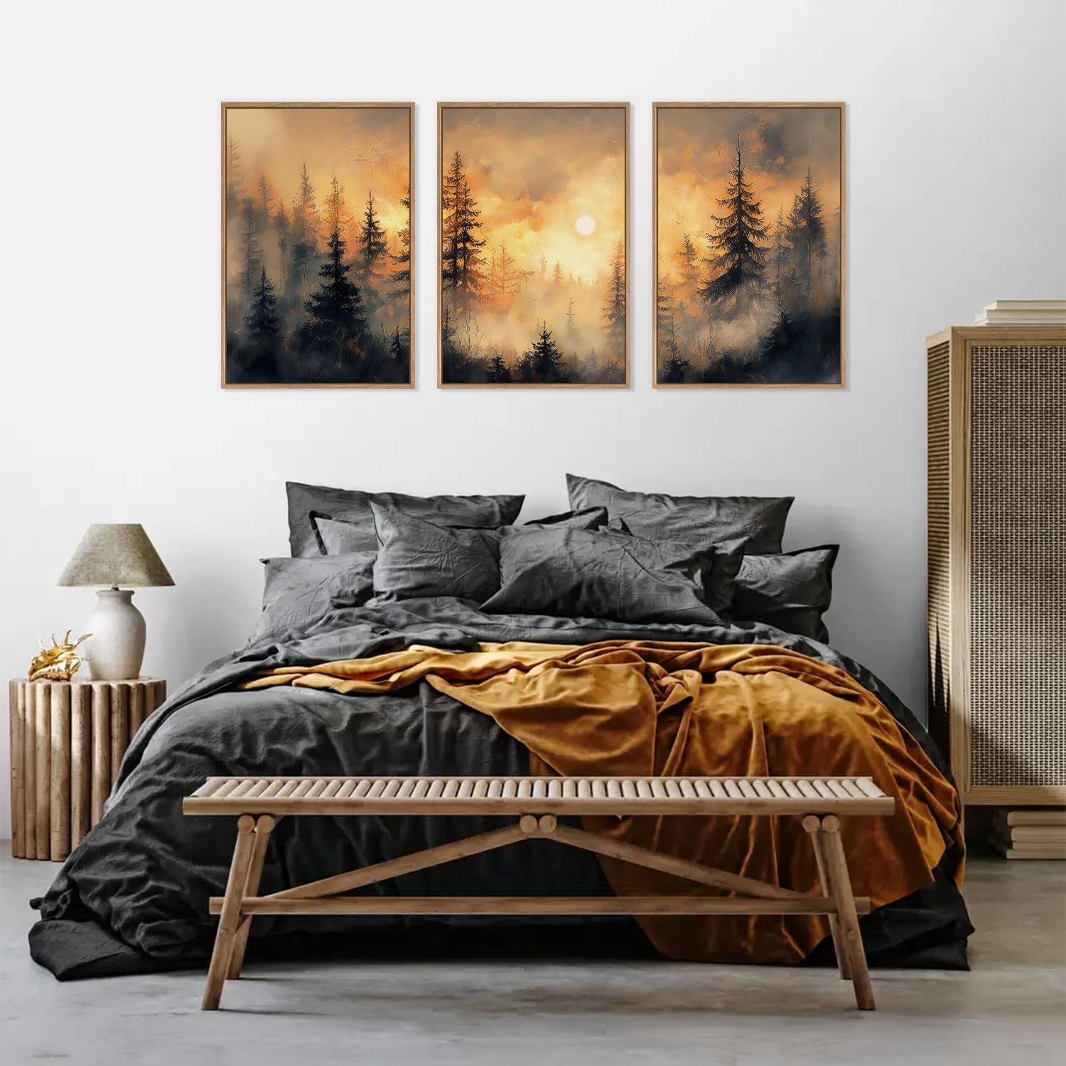 HLNIUC Golden Sunshine Forest Framed Canvas Wall Art,Foggy Forest Pine Tree Wall Decor,Large Sunset