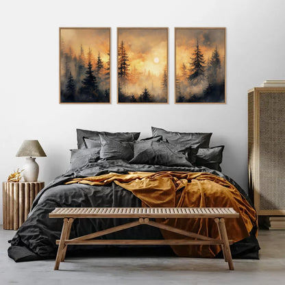HLNIUC Golden Sunshine Forest Framed Canvas Wall Art,Foggy Forest Pine Tree Wall Decor,Large Sunset