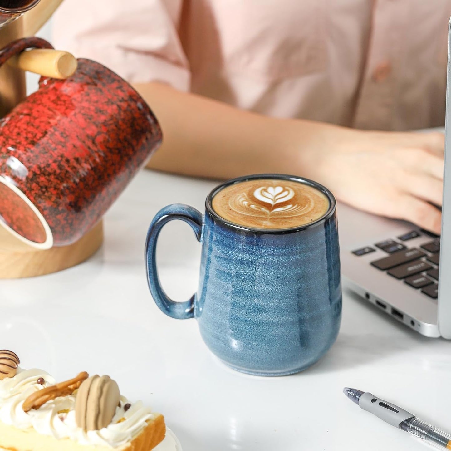 Hasense Coffee Mugs Set of 4, 12 Oz Stoneware Coffee Cups with Large Handle, Colorful Rustic Mug