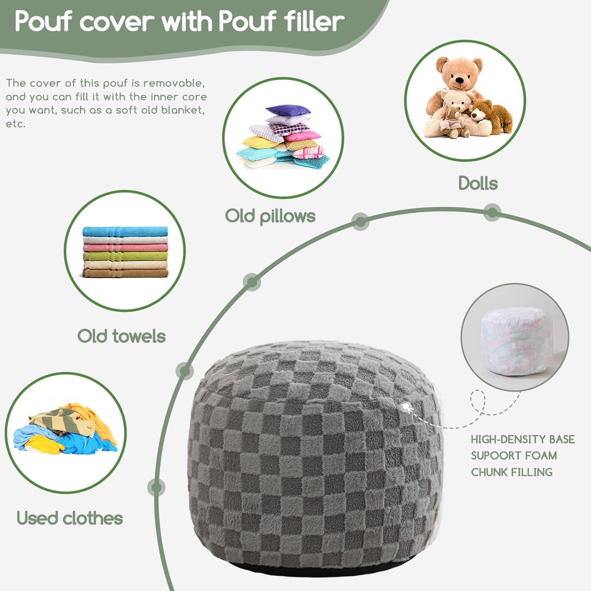 HIGOGOGO Round Stuffed Pouf Ottoman, Plaid Poufs with Foam Chunk Filling, Fluffy and Furry Pouf