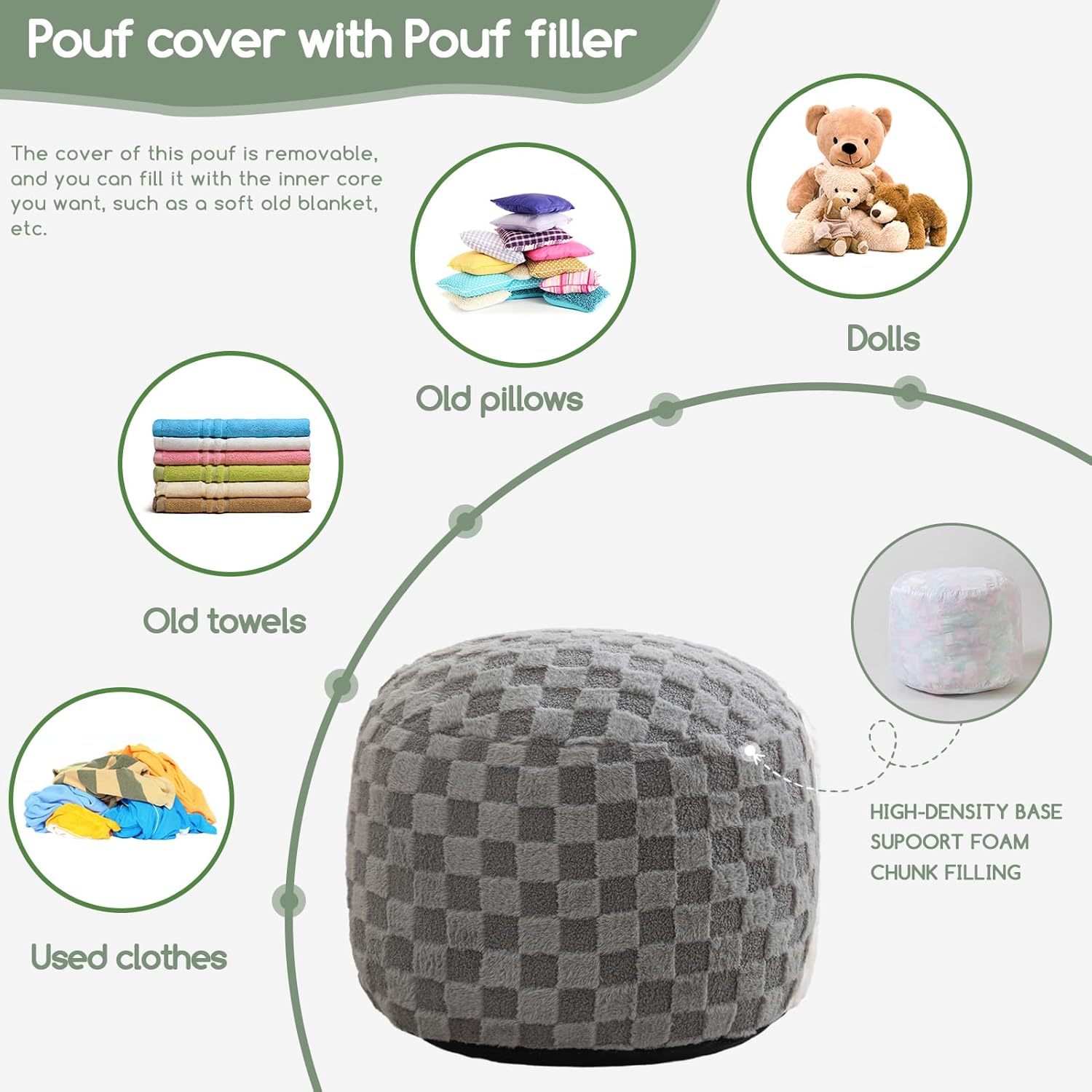 HIGOGOGO Round Stuffed Pouf Ottoman, Plaid Poufs with Foam Chunk Filling, Fluffy and Furry Pouf