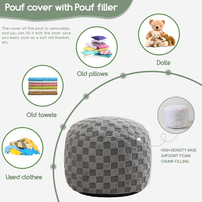 HIGOGOGO Round Stuffed Pouf Ottoman, Plaid Poufs with Foam Chunk Filling, Fluffy and Furry Pouf