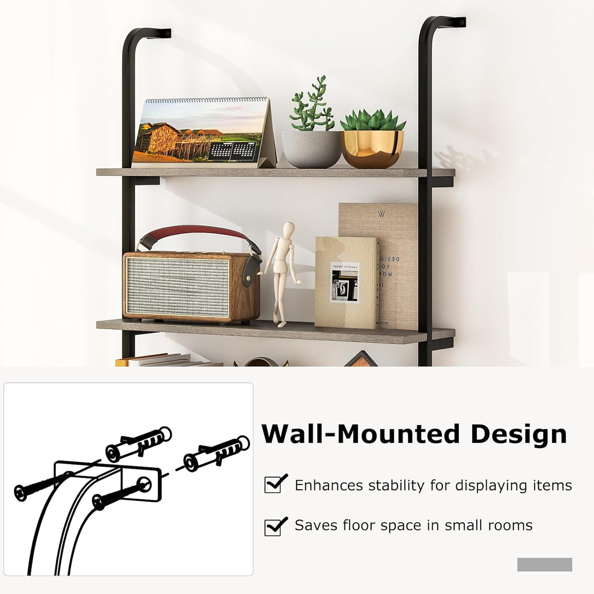 Giantex 4-Tier Industrial Bookshelf, Wall Mounted Pipe Shelving Unit, Floating Shelves with Metal