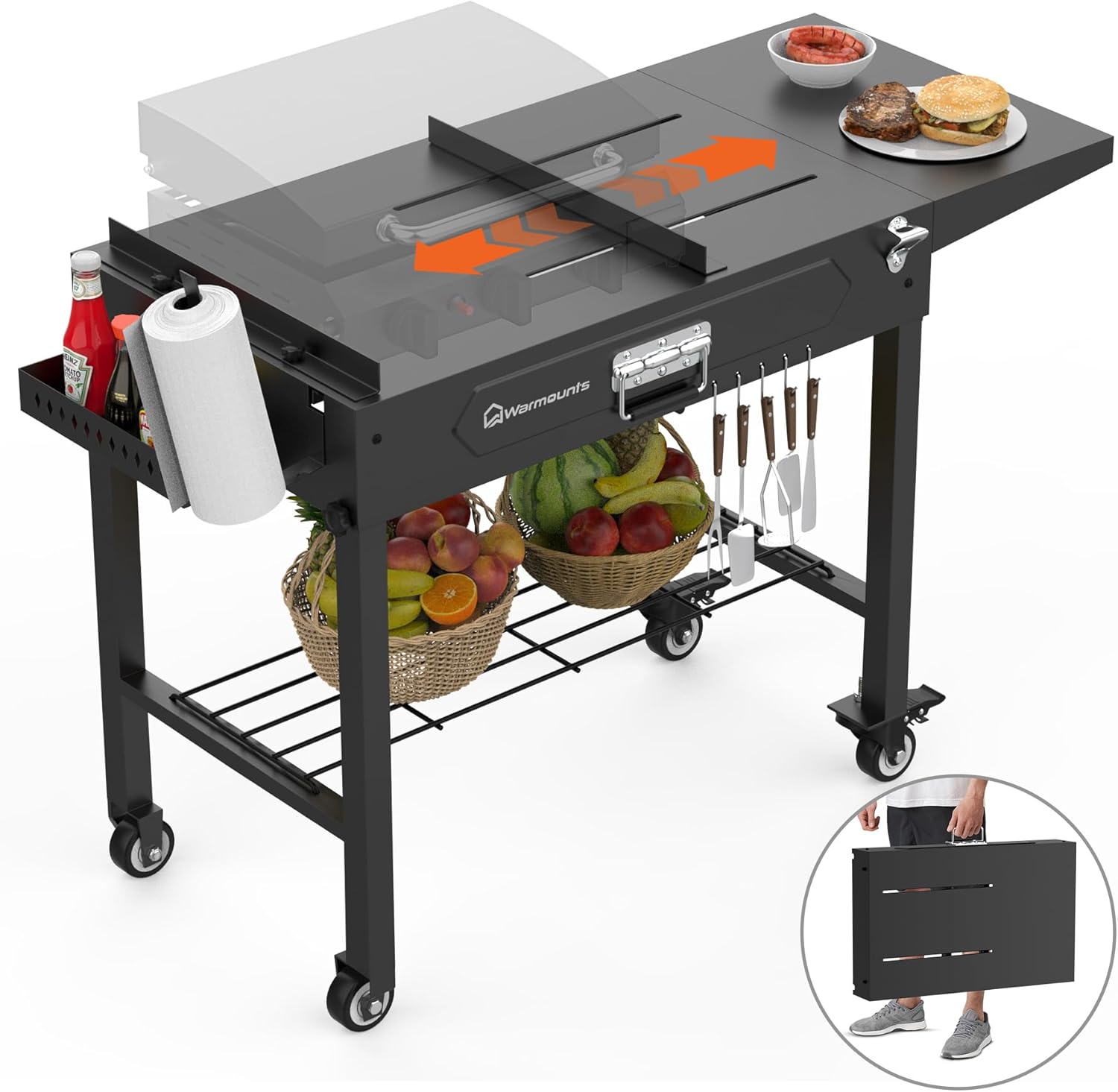 Grill Table for Outside, Portable Folding Grill Cart with Wheels and Adjustable Tabletop, 400 Lbs
