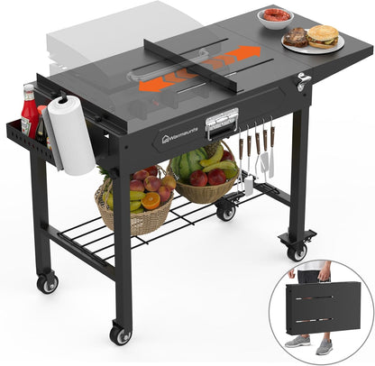 Grill Table for Outside, Portable Folding Grill Cart with Wheels and Adjustable Tabletop, 400 Lbs
