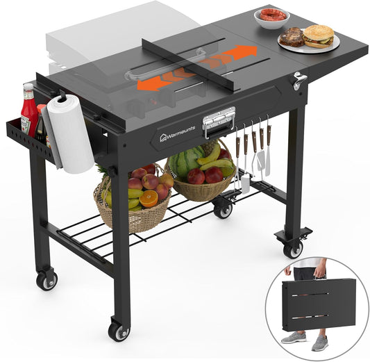 Grill Table for Outside, Portable Folding Grill Cart with Wheels and Adjustable Tabletop, 400 Lbs