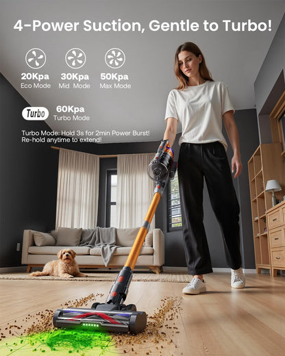 Cordless Vacuum Cleaner for Home, Upgraded 60Kpa Powerful Suction Pet Hair Vacuum with 70min
