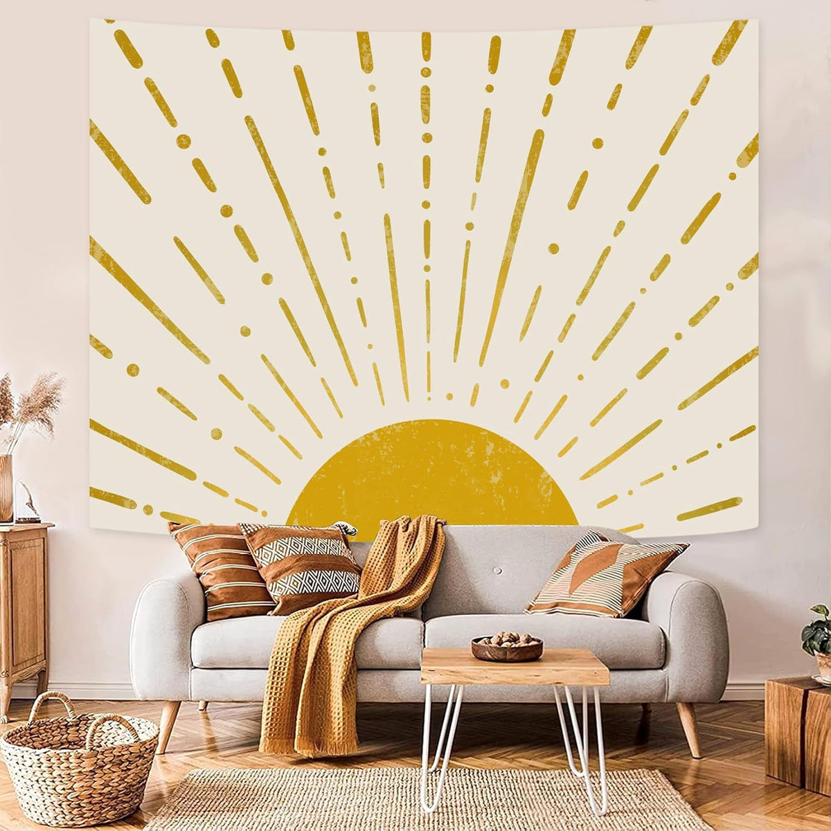 Kanuyee Gold Boho Burning Sun Tapestry Wall Hanging, Retro 70s Abstract Vintage Geometric Line