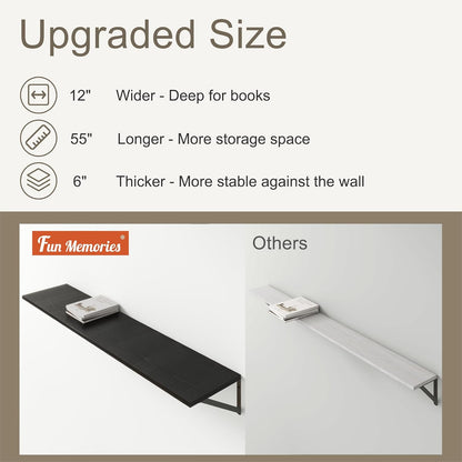 Fun Memories Deep Floating Shelves, 55W x 12D Floating Shelves for Wall, Wood Black Floating Shelf