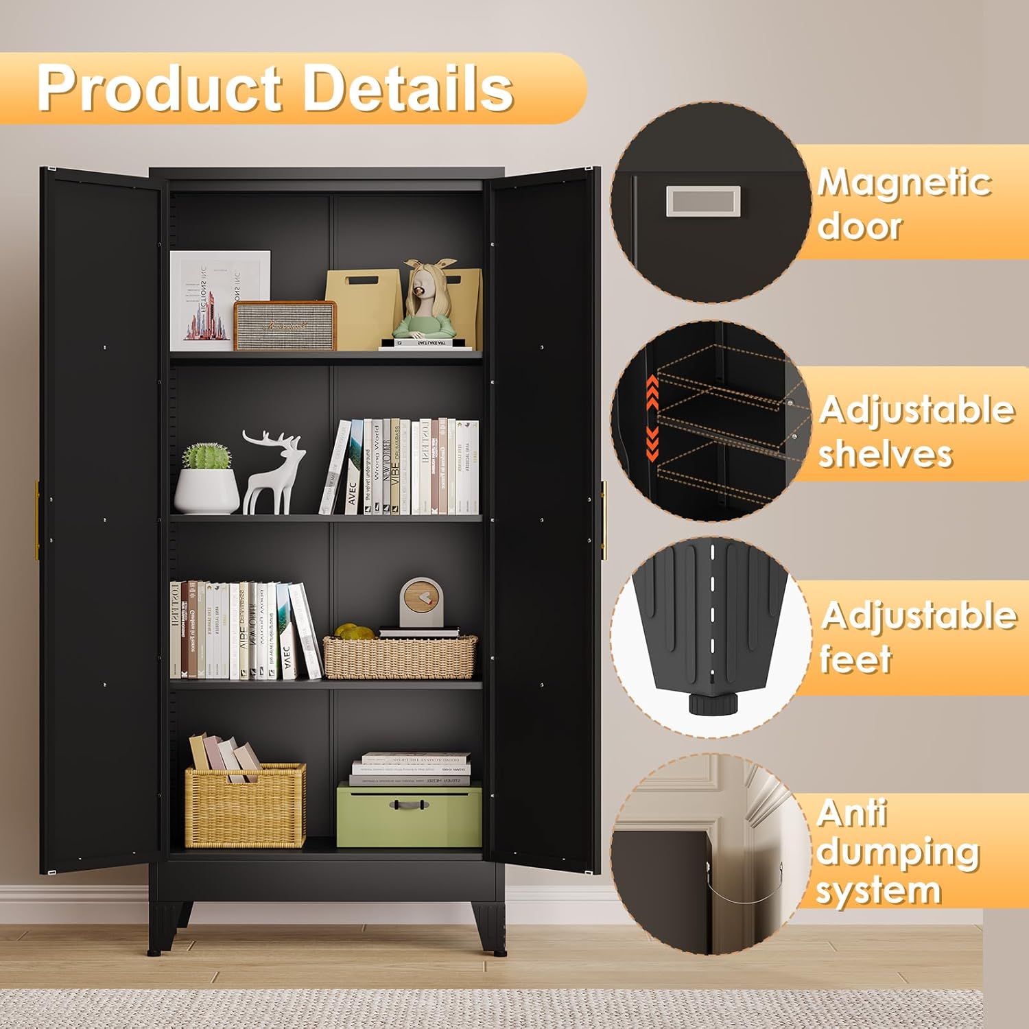 61" H Metal Kitchen Pantry Storage Cabinet, Freestanding Cupboard with 2 Doors and 3 Adjustable