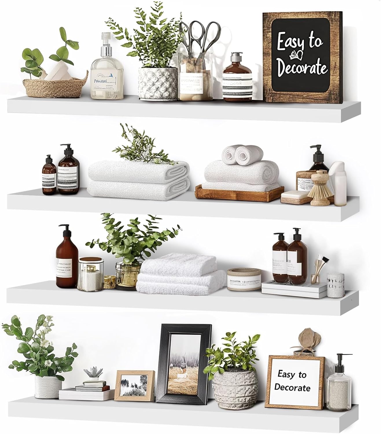 Floating Wall Shelves 4-Pack - Rustic White 16-inch Wooden Wall Shelves for Storage and Décor