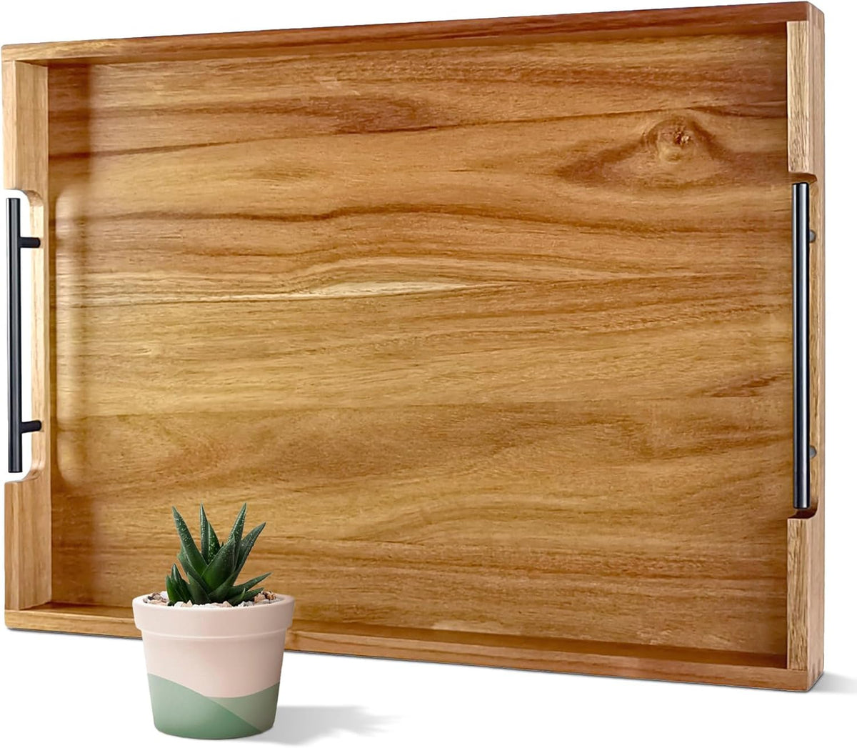 22 Inches Acacia Wood Serving Tray with Metal Handles, Large Wooden Rectangle Ottoman Tray