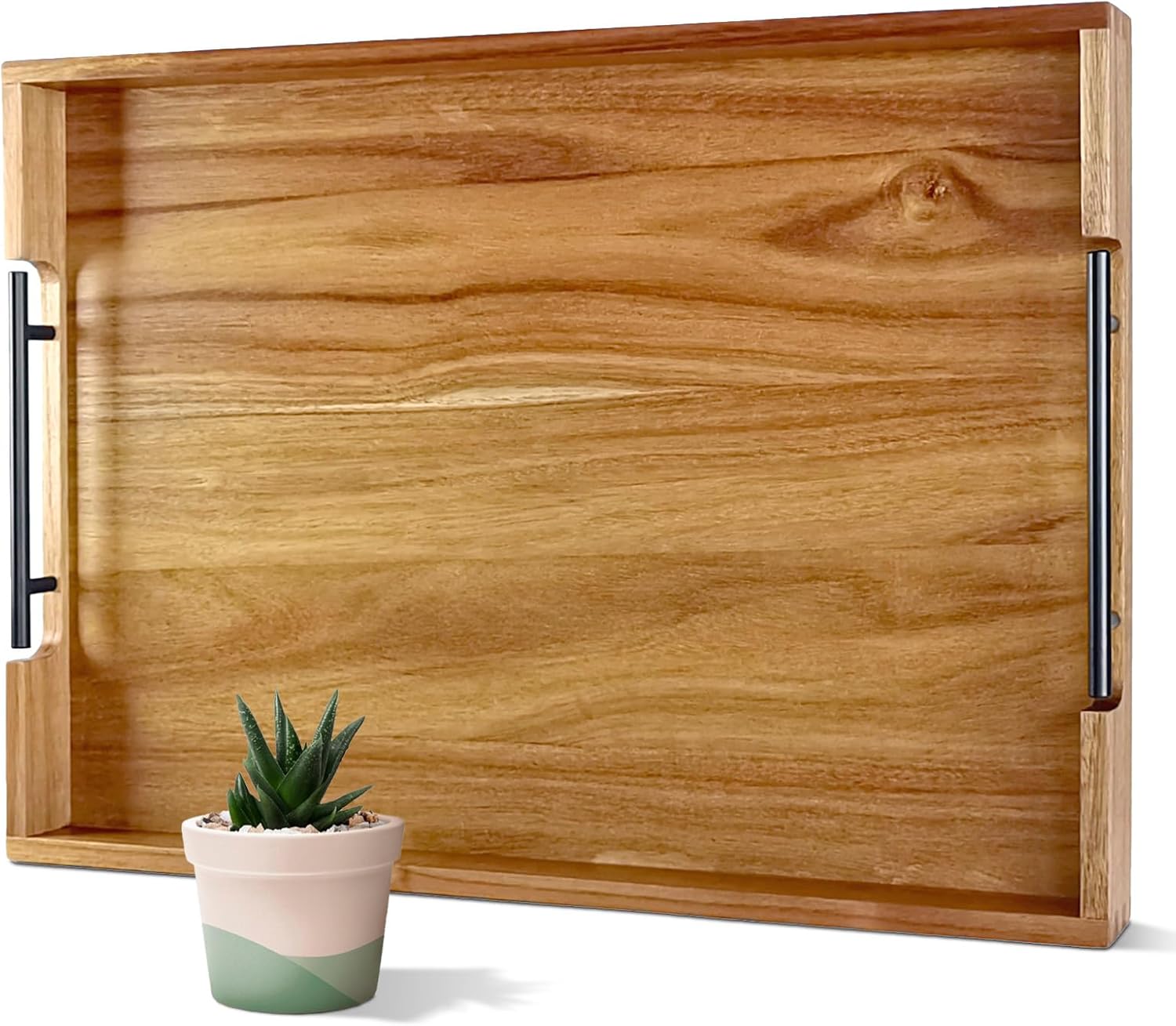 22 Inches Acacia Wood Serving Tray with Metal Handles, Large Wooden Rectangle Ottoman Tray