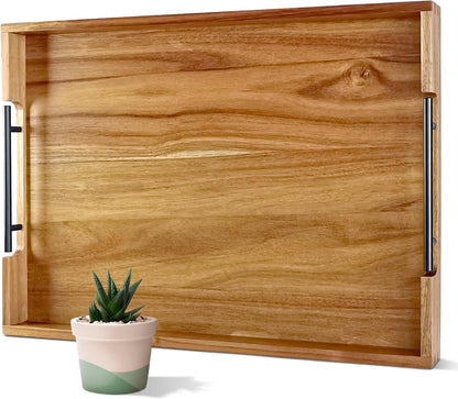 22 Inches Acacia Wood Serving Tray with Metal Handles, Large Wooden Rectangle Ottoman Tray