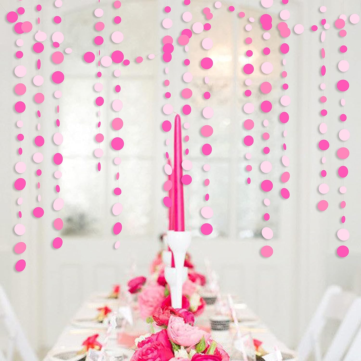 Hot Pink Party Decorations Circle Dots Garland Rose Pink White Hanging Paper Polka Dots Streamer