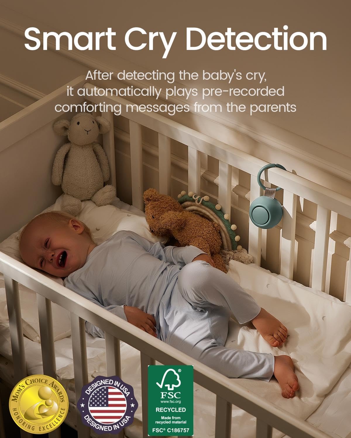 2025 Mom's Choice Awards, Portable Sound Machine for Baby Adult, AI Cry Detection, 18 Soothing