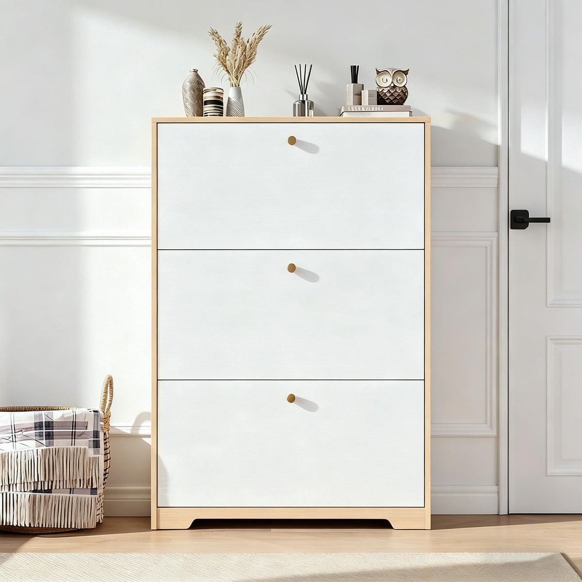 Nicetree Shoe Storage Cabinet with 3 Flip Drawers, Natural Oak and White
