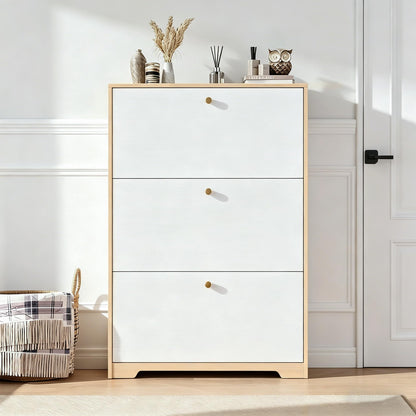 Nicetree Shoe Storage Cabinet with 3 Flip Drawers, Natural Oak and White