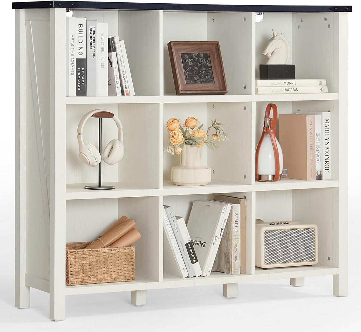 9 Cube Bookcase, Farmhouse 47 Inch Wide White Bookshelf, Wooden 3 Tier Display Large Open Book