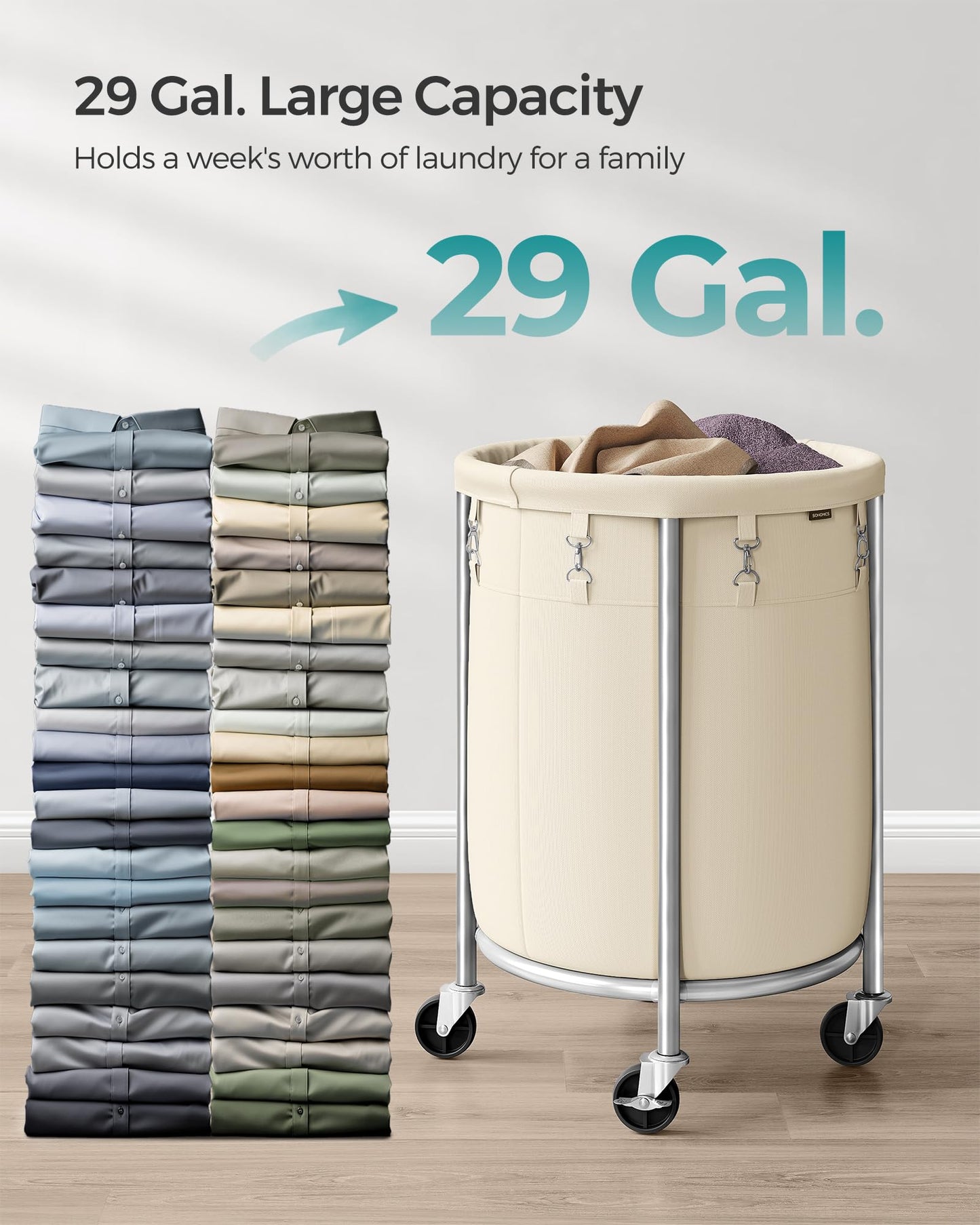 SONGMICS Laundry Basket with Wheels, 29 Gal., Steel Frame, Removable Bag
