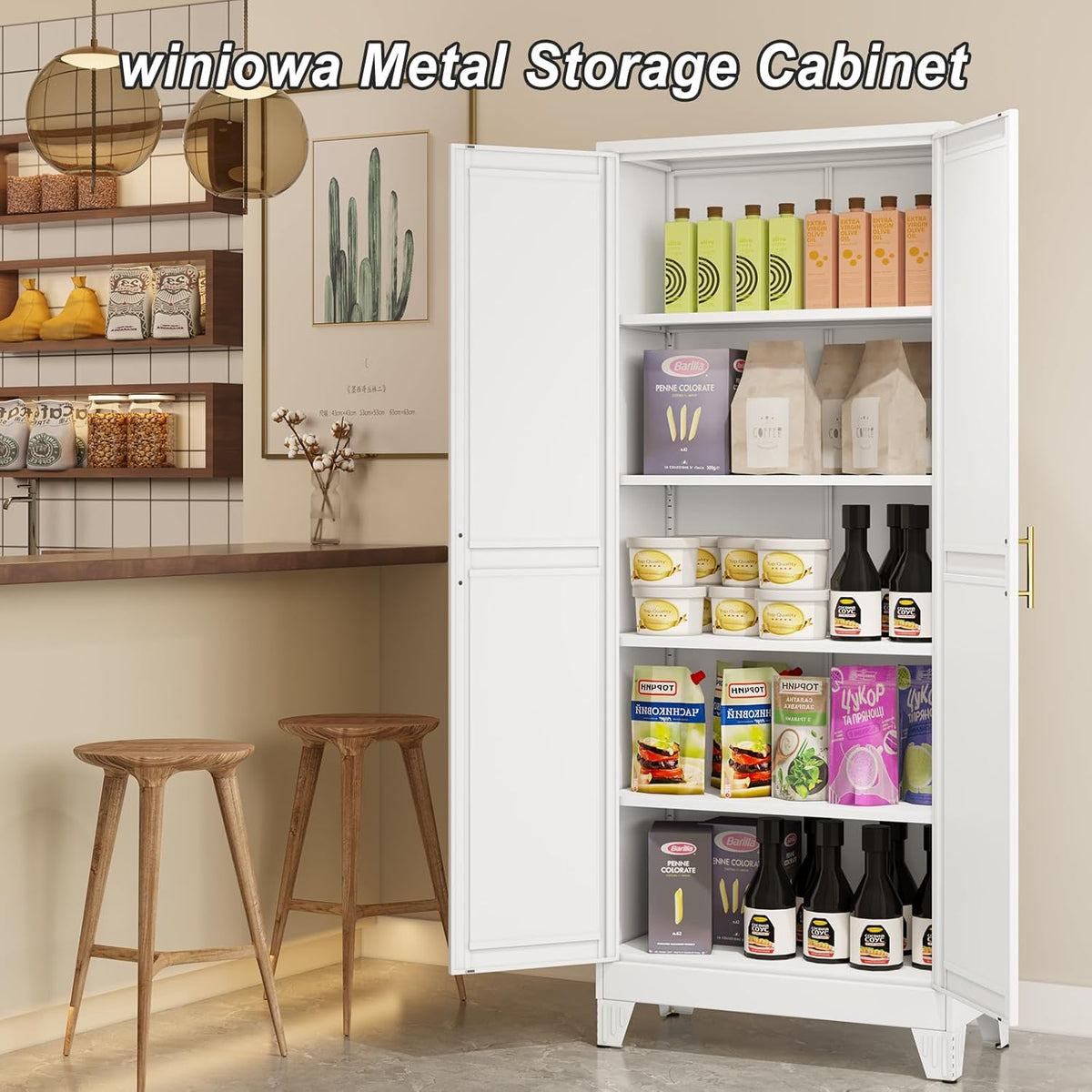 Metal Pantry Cabinet with 2 Doors and Adjustable Shelves - 71" Kitchen Storage Cabinet with Gold