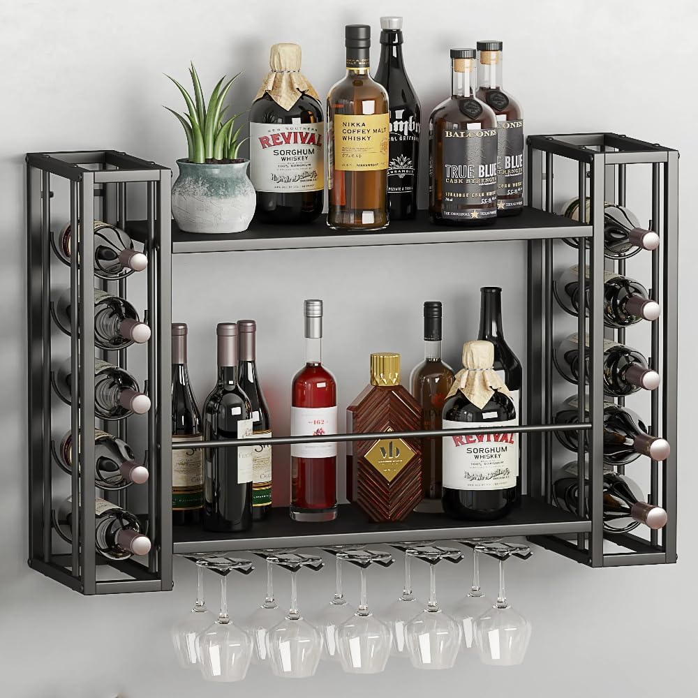 Wall Mounted Wine Rack, Wine Rack Wall Mounted with Wine Glass Rack, 2-Tier Multi-Functional Shelf