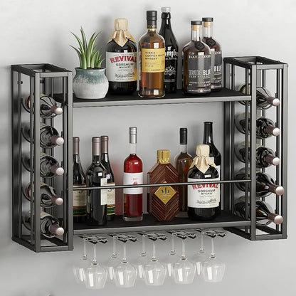 Wall Mounted Wine Rack, Wine Rack Wall Mounted with Wine Glass Rack, 2-Tier Multi-Functional Shelf