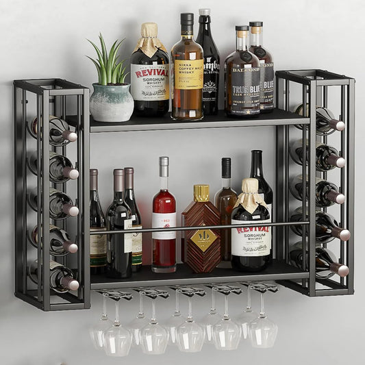 Wall Mounted Wine Rack, Wine Rack Wall Mounted with Wine Glass Rack, 2-Tier Multi-Functional Shelf