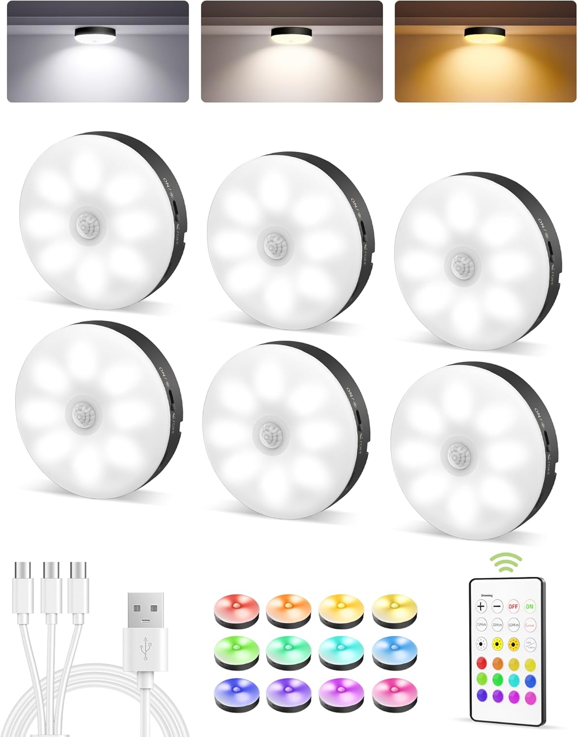 EZVALO Under Cabinet Lighting,1000mAh Rechargeable Puck Lights with Remote,3 Color Temps & 12 RGB