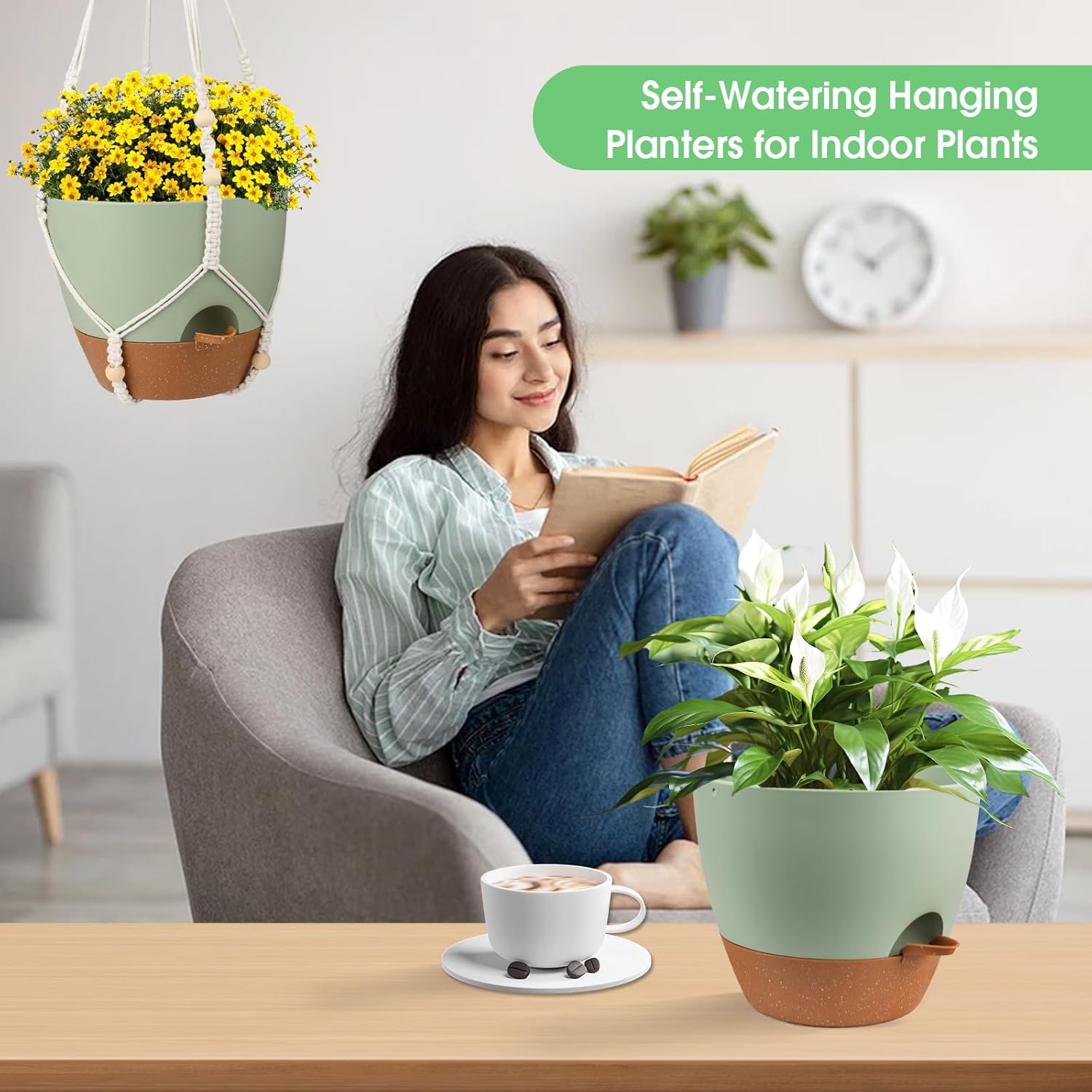 Hanging Planters for Indoor Outdoor Plants, 2 Pack Self Watering Hanging Pot with Drainage Holes