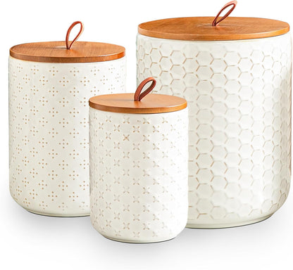 JOJUNO White Ceramic Canister Set with Wooden Lids – 3-Piece Airtight Food Storage Jars for