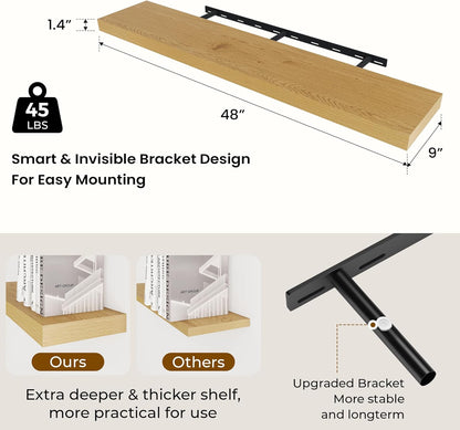 48 inch Floating Shelves for Wall Large Wall Mounted Shelves with Invisible Brackets, Oak Long