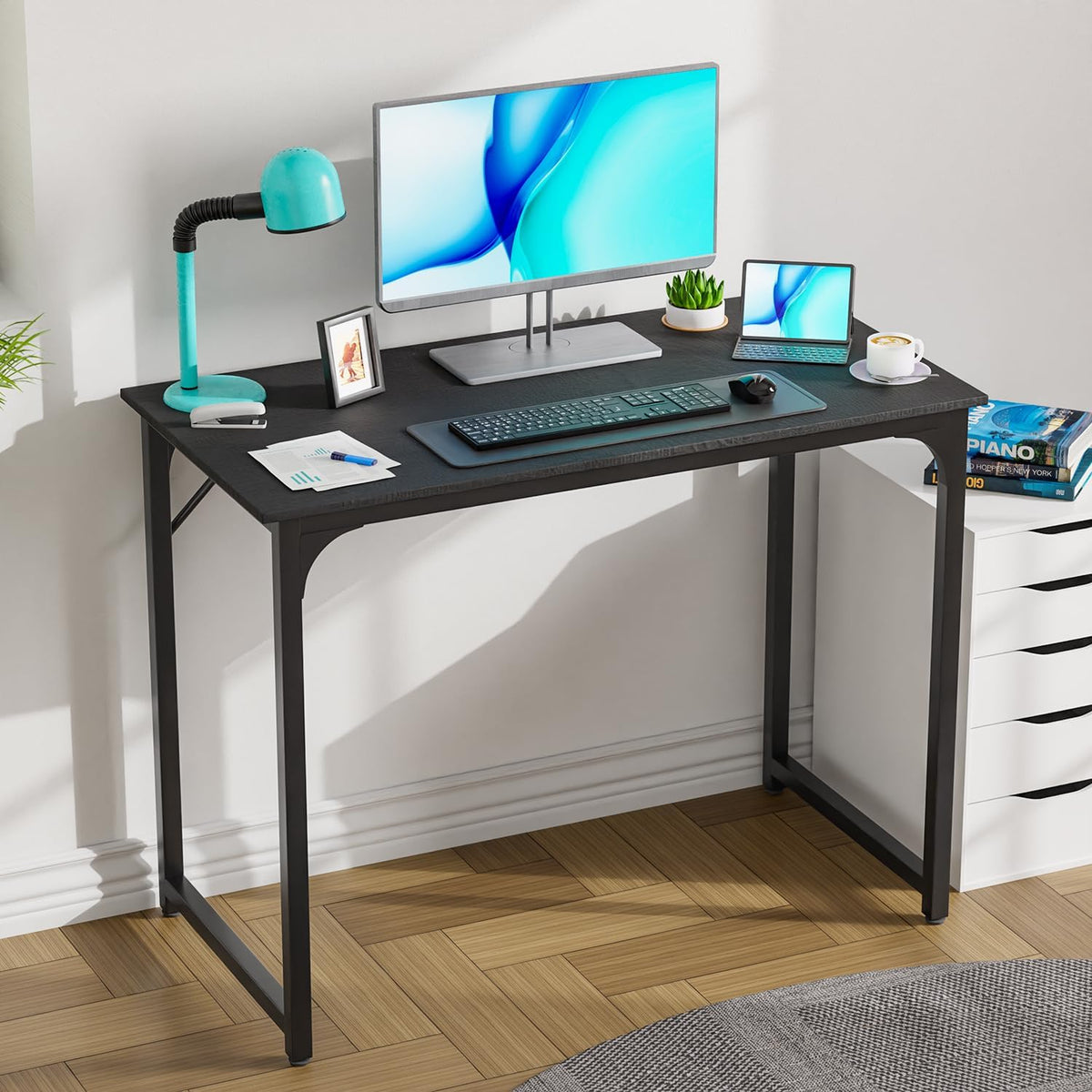 PayLessHere | 39 Inch Computer Desk | Black | Office Desk with Metal Frame, Adjustable Feet |