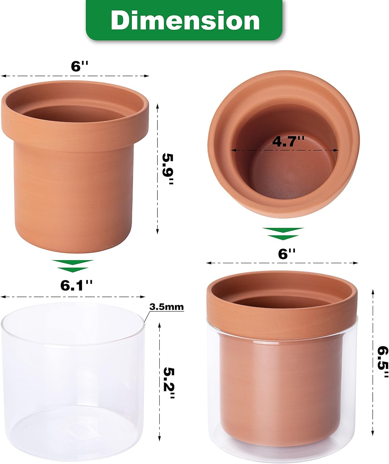 Phoenix Vine 6 Inch Self Watering Planter Pot, Terracotta Clay Pot with Glass Reservoir for Indoor