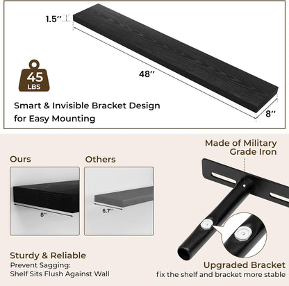 RICHFOCUS 48Inch Floating Shelves for Wall 2 Pack Shelves for Bedroom|Kitchen|Bathroom Wall Mounted