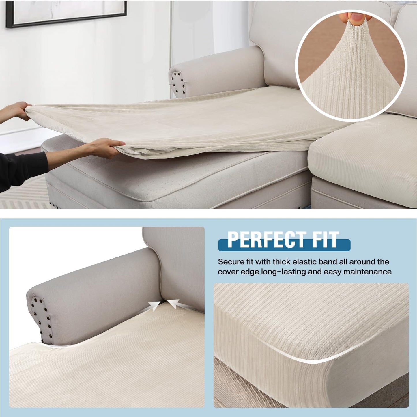 H.VERSAILTEX Velvet Stretch Sectional Couch Covers 3 Pieces, L Shape, Ivory Striped (Large Sofa 2