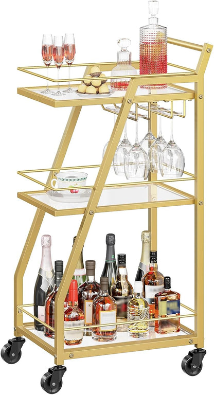 Bar Cart, 3-Tier Bar Cart for The Home, Home Bar Serving Cart with Glass Holders, Beverage Cart for