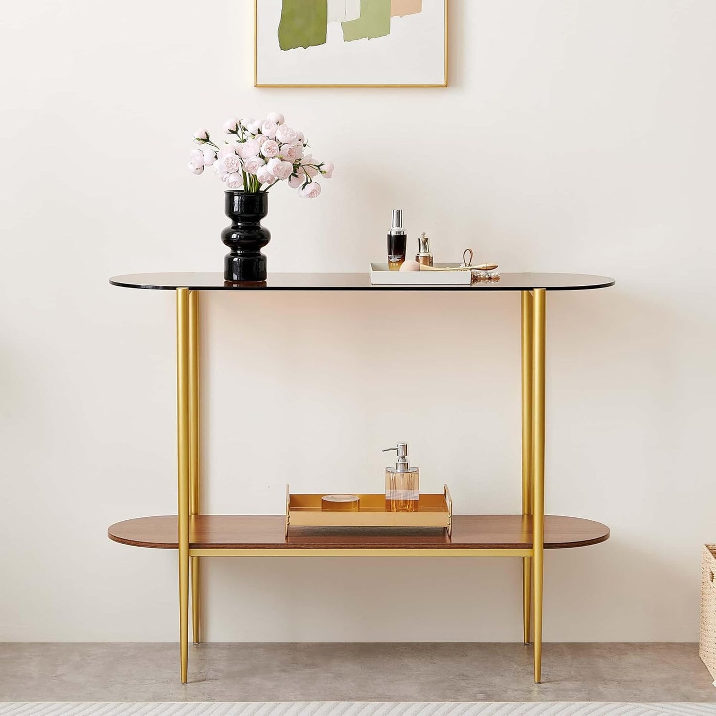 Oval Glass Console Table for Living Room, Foyer & Entrance, 2-Tiers Mid-Century Modern Sofa Table